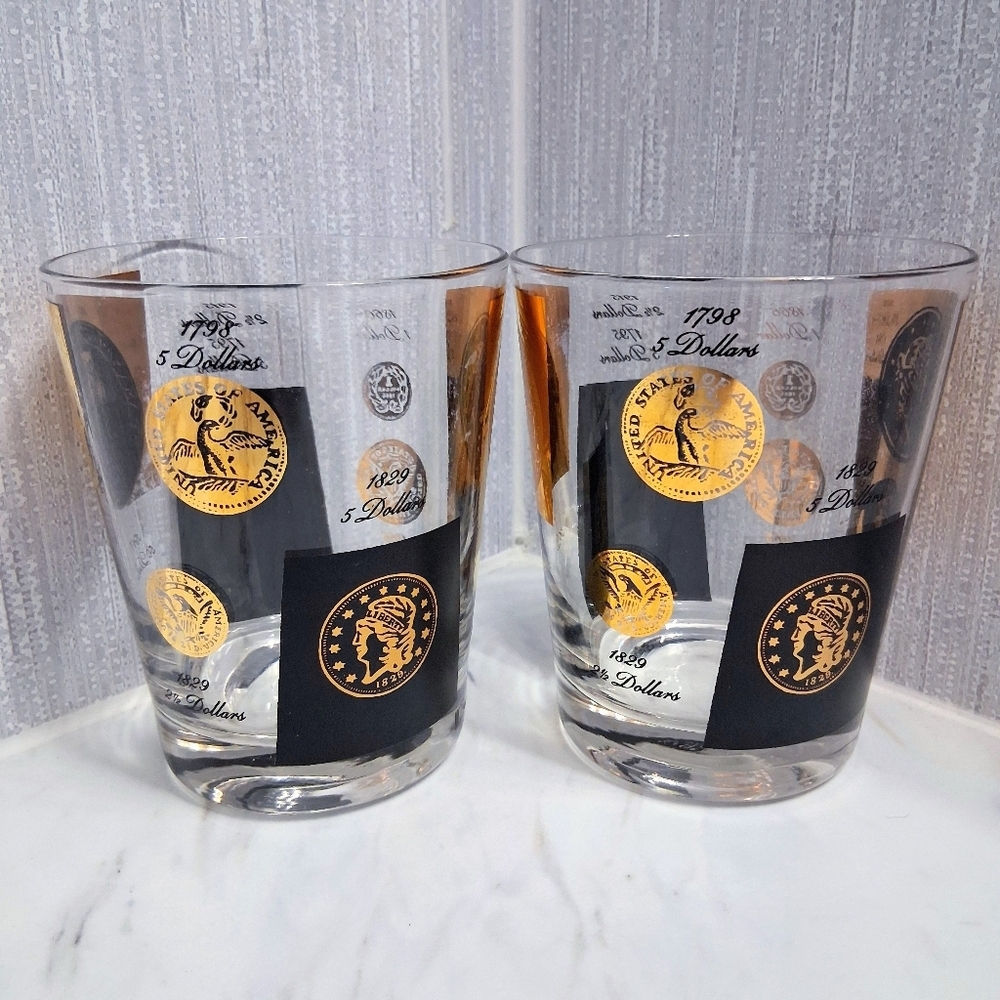 Vintage Cera US Coins Double Old Fashioned Glasses 22k Historical Barware Pair